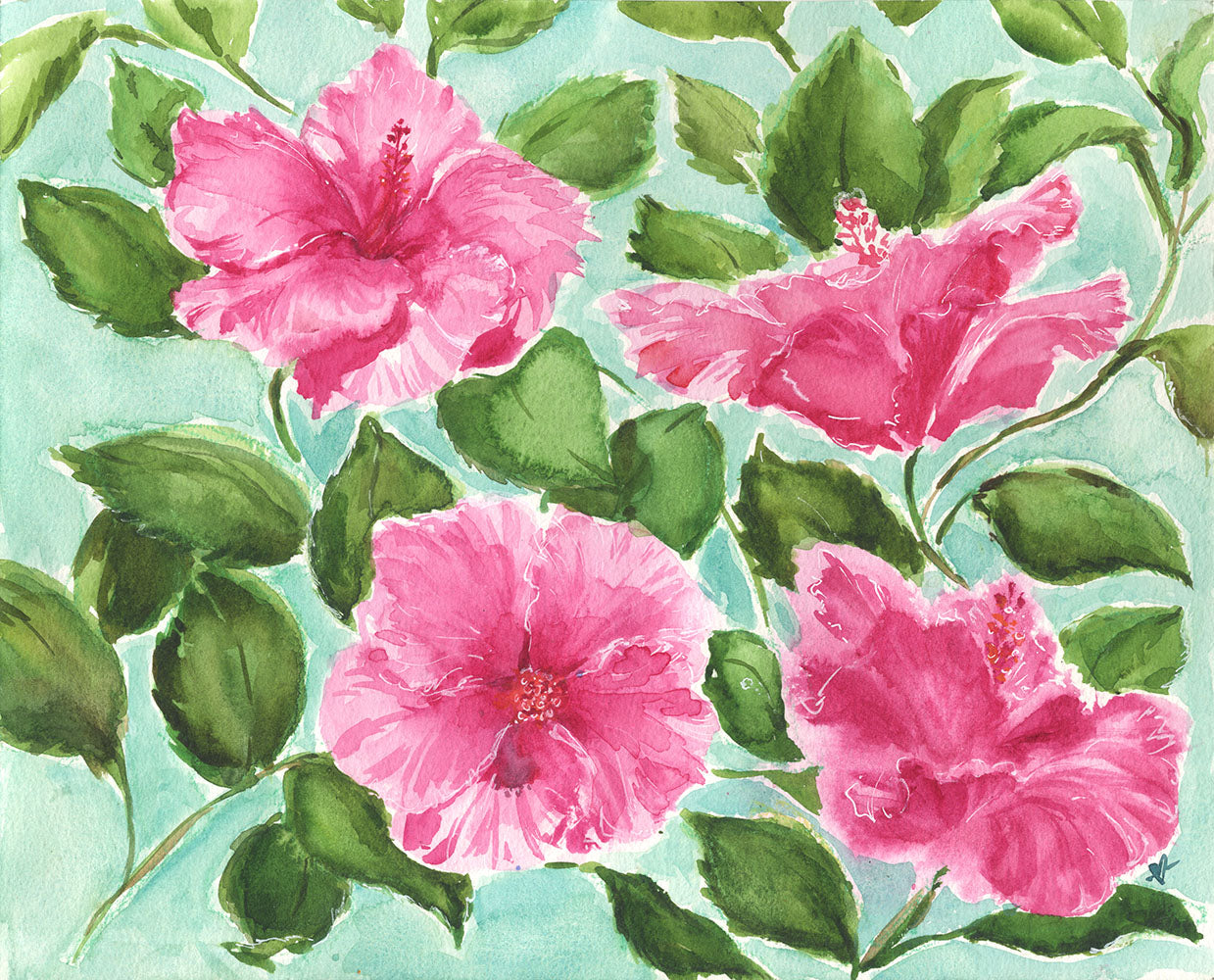 Pattern of pink flowers with green leaves on a light blue background
