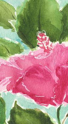 Close-up of pink flowers and green leaves on a light blue background in watercolor