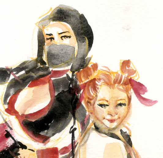 Watercolor up-close of the faces of two female ninjas