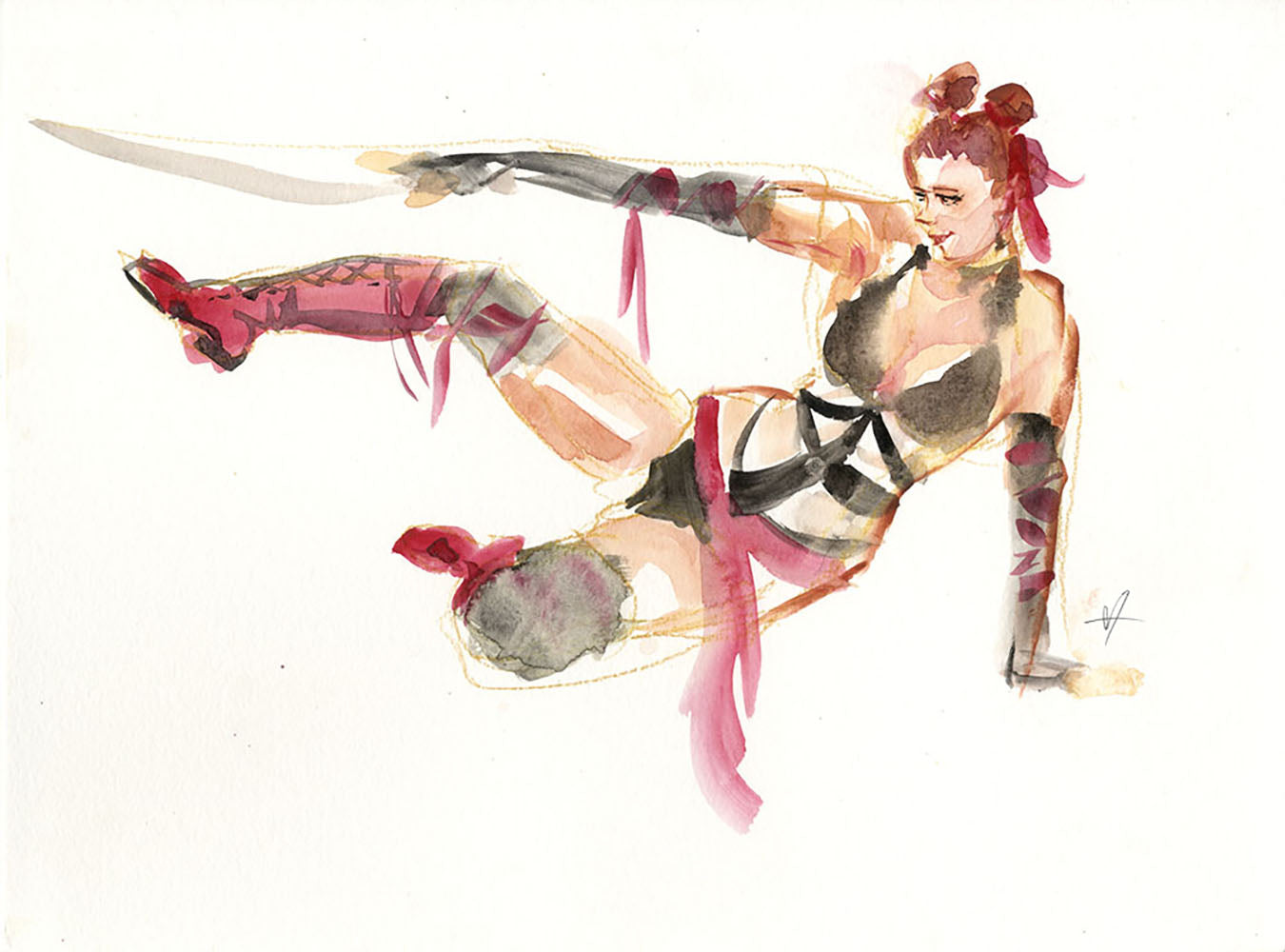 Illustration of a female ninja with space buns in a dynamic pose with a sword, wearing a cool outfit with red accents.